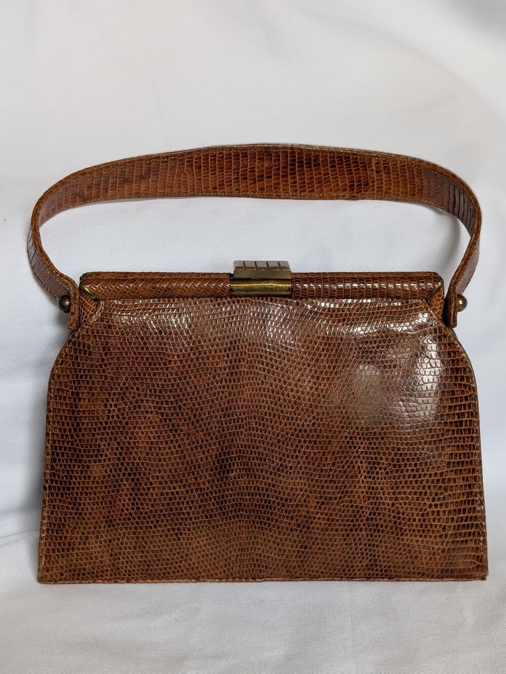 Vintage 1950s 60s Brown Reptile Embossed Leather Top Handle Kisslock Bag